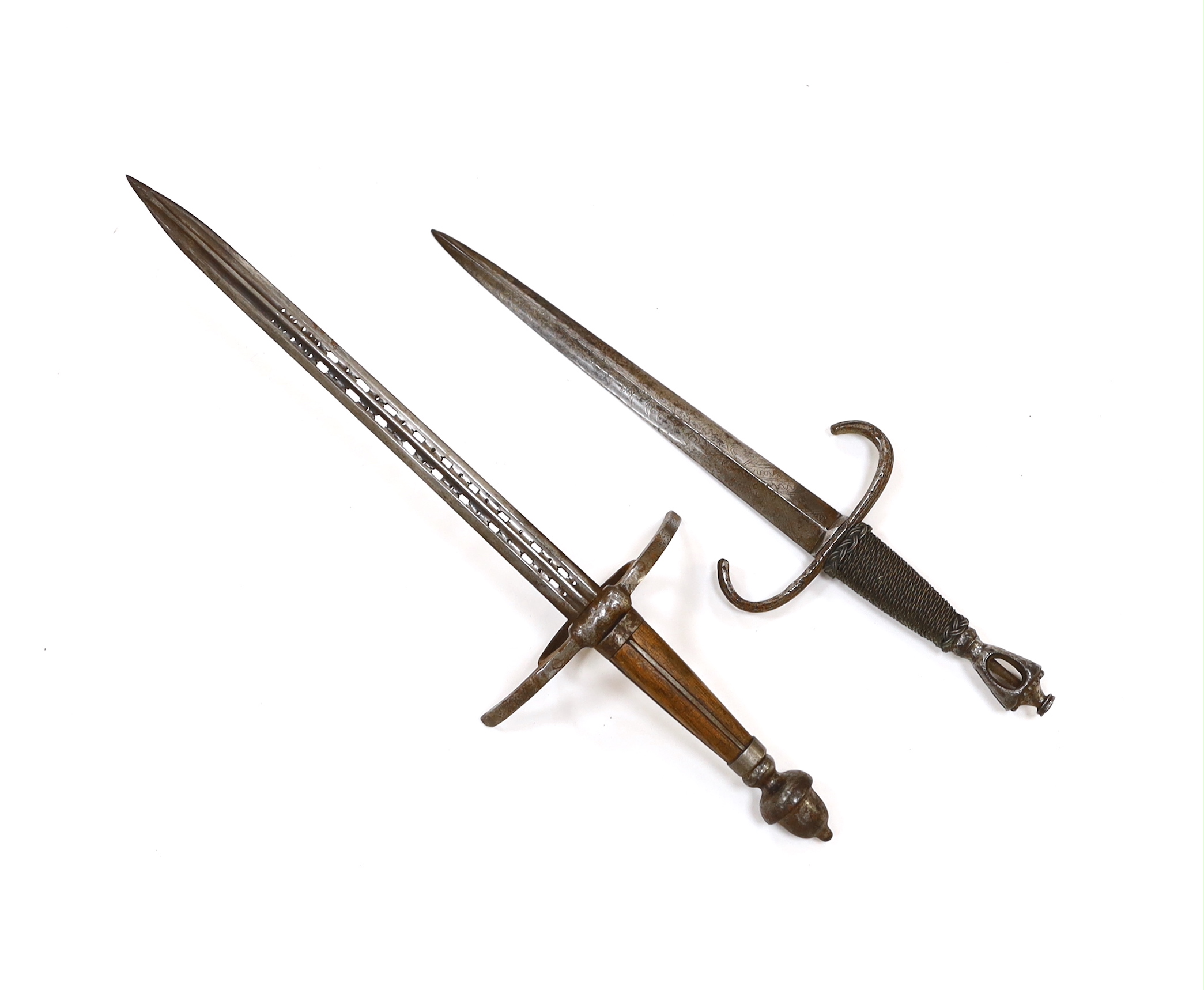 A reproduction stiletto and dagger, stiletto with engraved steel blade, steel pommel and quillon, and wire grip, longest 35.5cm